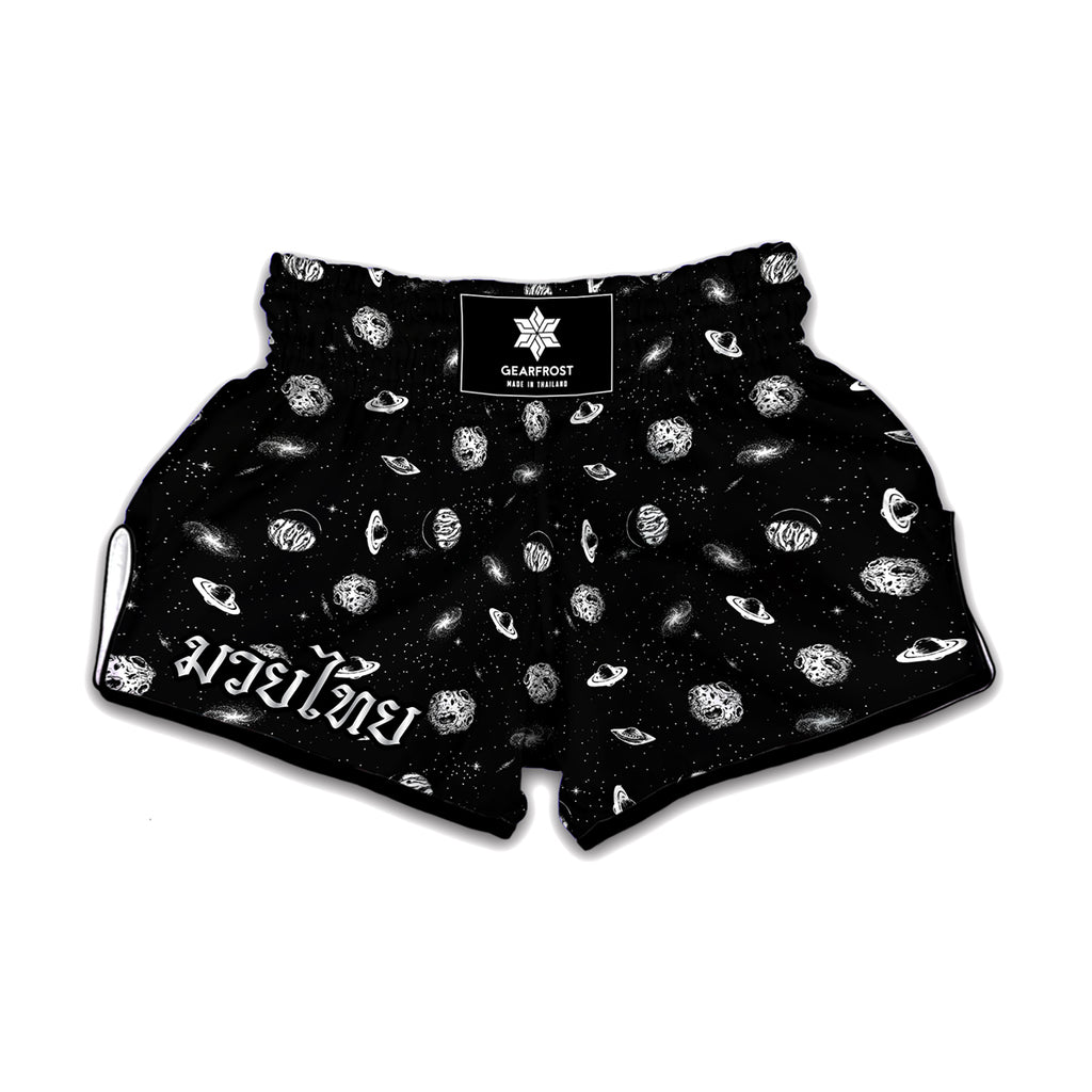 Black And White UFO Pattern Print Muay Thai Boxing Shorts