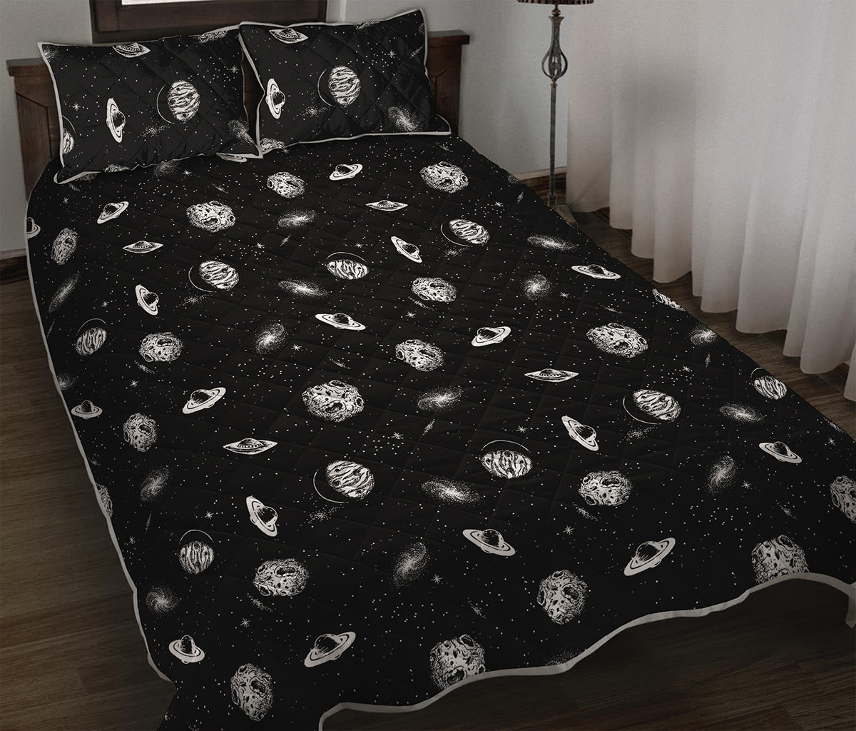 Black And White UFO Pattern Print Quilt Bed Set
