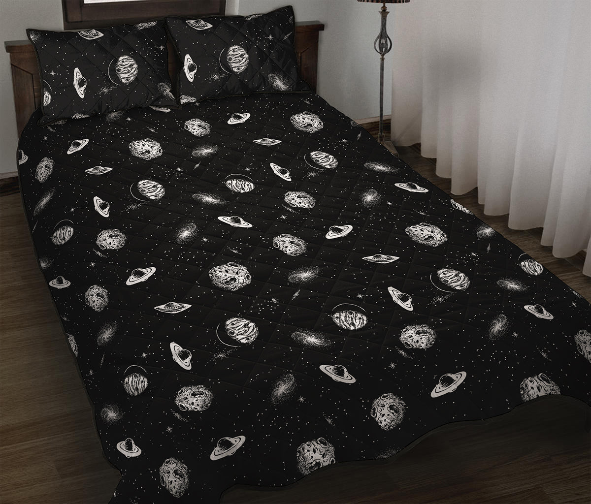 Black And White UFO Pattern Print Quilt Bed Set