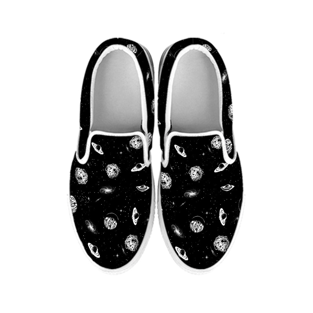 Black And White UFO Pattern Print White Slip On Shoes