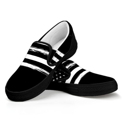 Black And White USA Flag Print Black Slip On Shoes