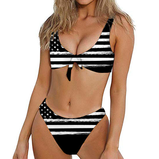 Black And White USA Flag Print Front Bow Tie Bikini