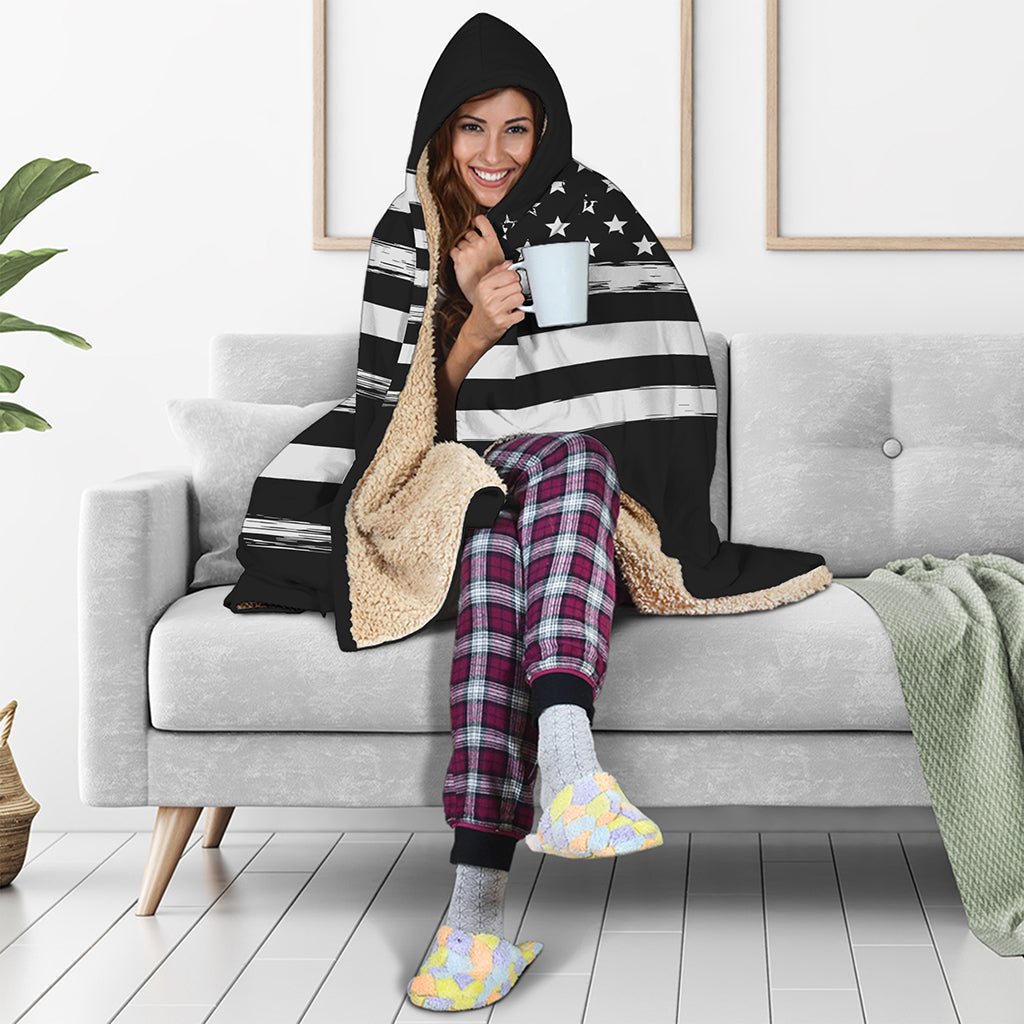 Black And White USA Flag Print Hooded Blanket