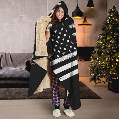 Black And White USA Flag Print Hooded Blanket