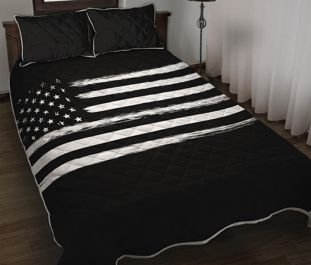 Black And White USA Flag Print Quilt Bed Set