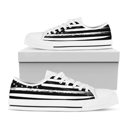 Black And White USA Flag Print White Low Top Shoes