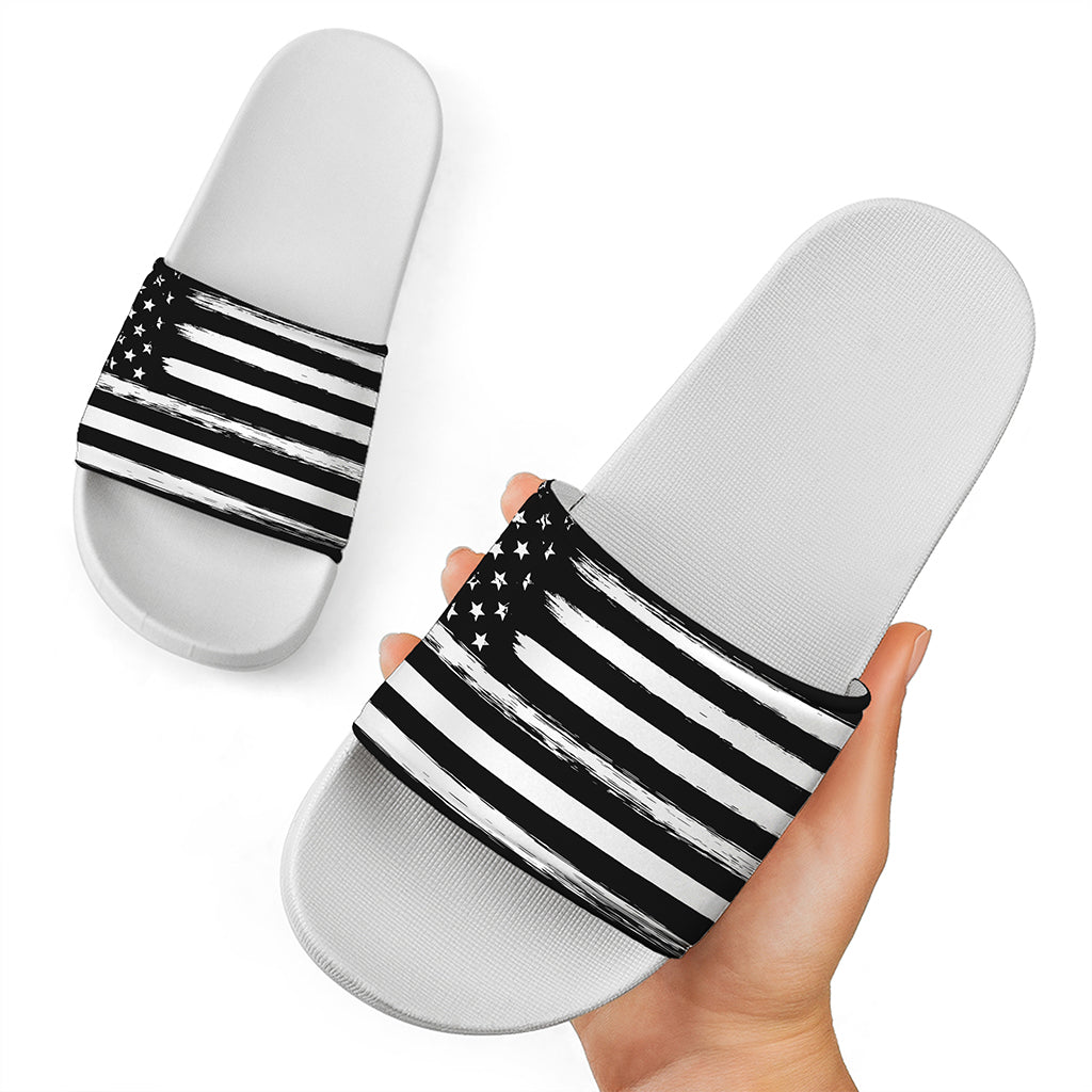 Black And White USA Flag Print White Slide Sandals
