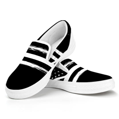 Black And White USA Flag Print White Slip On Shoes