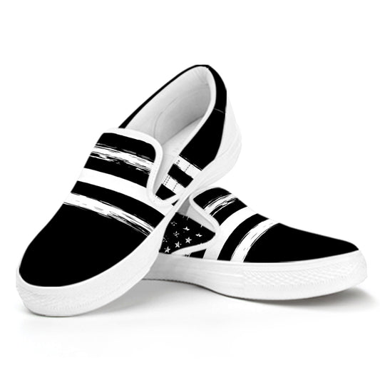 Black And White USA Flag Print White Slip On Shoes