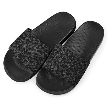 Black And White Video Game Pattern Print Black Slide Sandals