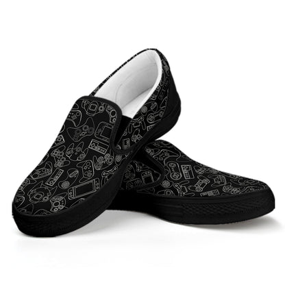 Black And White Video Game Pattern Print Black Slip On Shoes