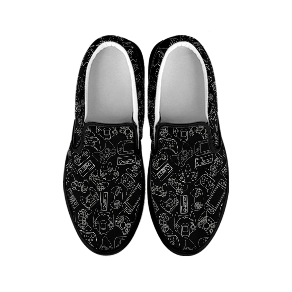 Black And White Video Game Pattern Print Black Slip On Shoes