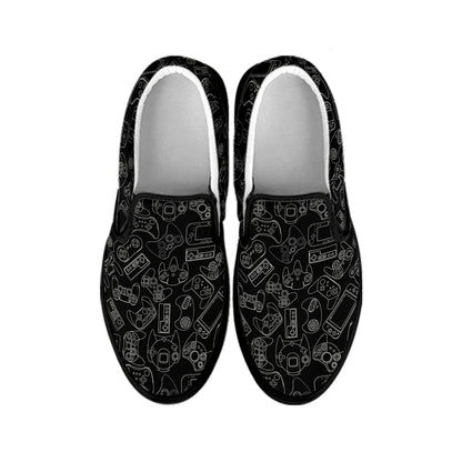 Black And White Video Game Pattern Print Black Slip On Shoes