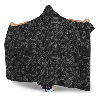 Black And White Video Game Pattern Print Hooded Blanket