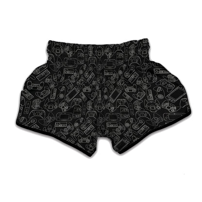 Black And White Video Game Pattern Print Muay Thai Boxing Shorts