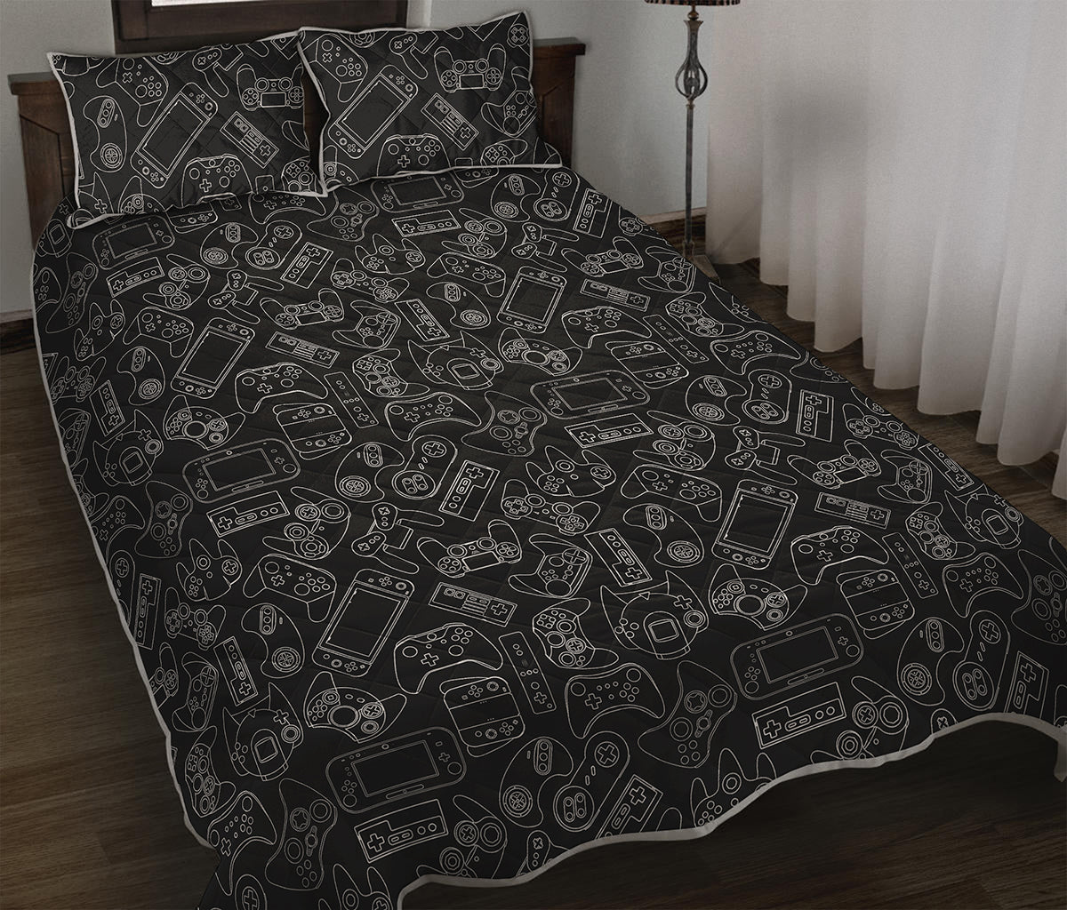 Black And White Video Game Pattern Print Quilt Bed Set
