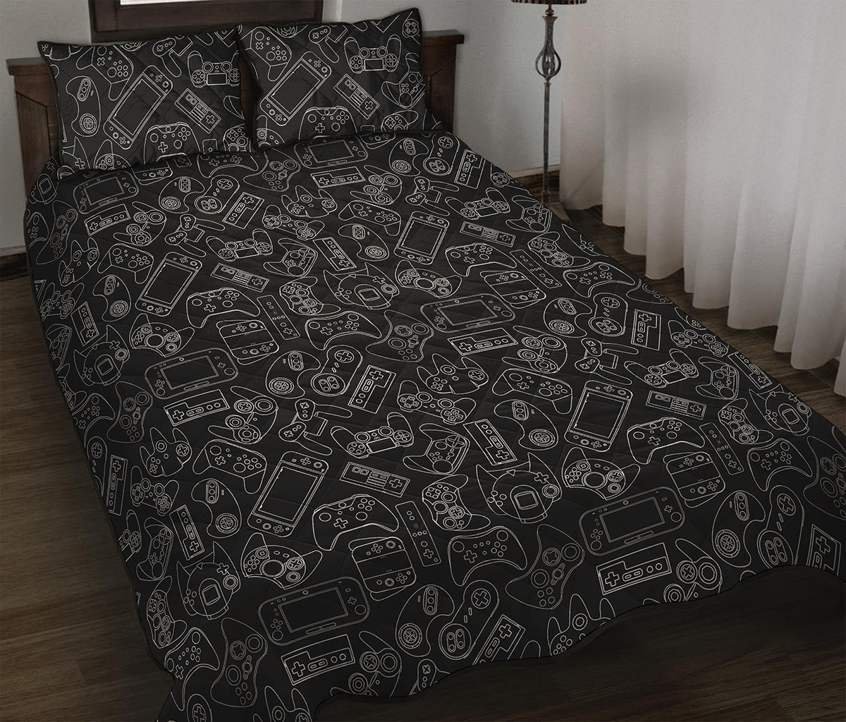 Black And White Video Game Pattern Print Quilt Bed Set