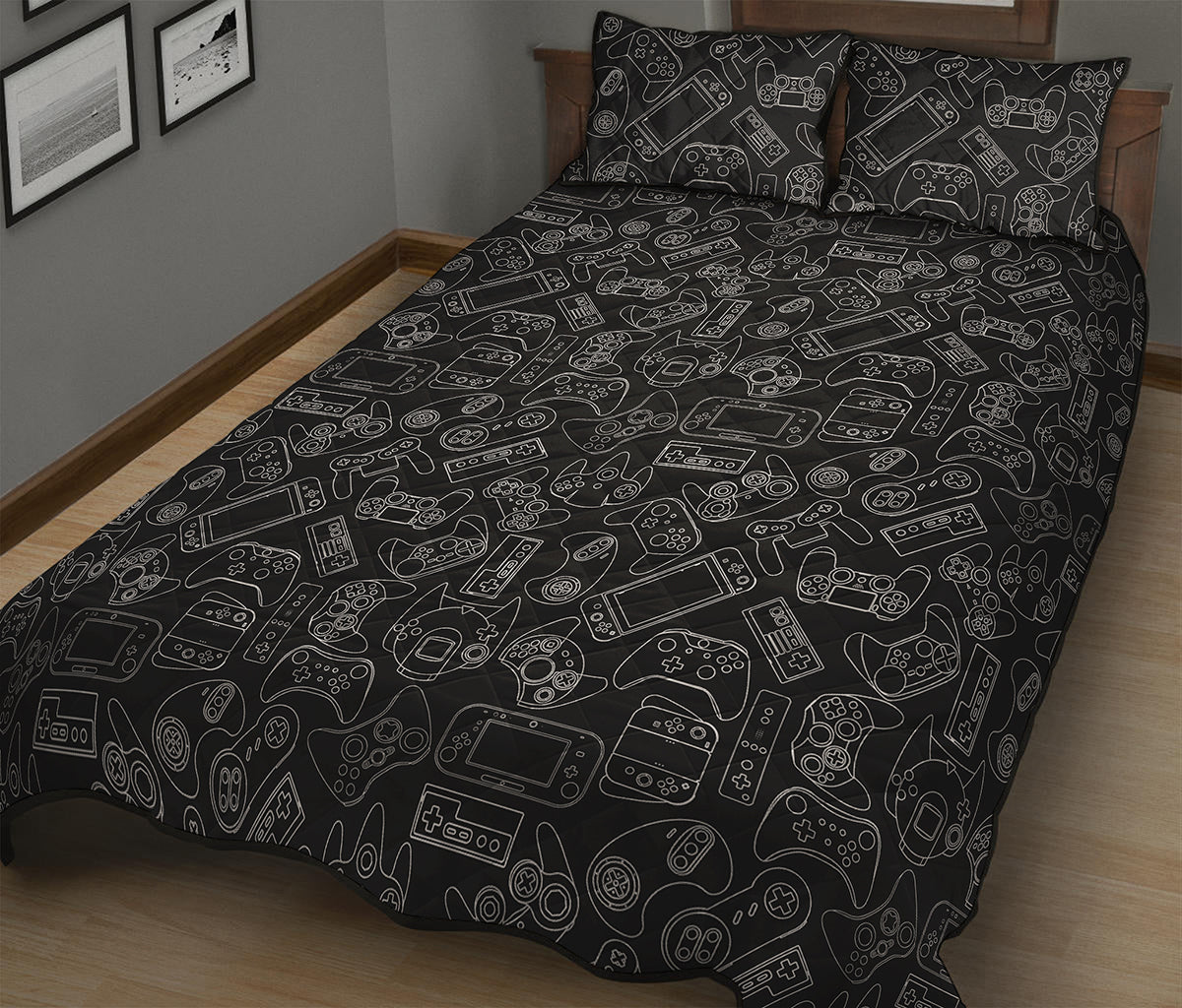 Black And White Video Game Pattern Print Quilt Bed Set