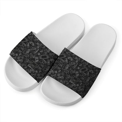 Black And White Video Game Pattern Print White Slide Sandals