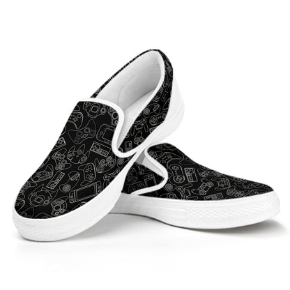 Black And White Video Game Pattern Print White Slip On Shoes