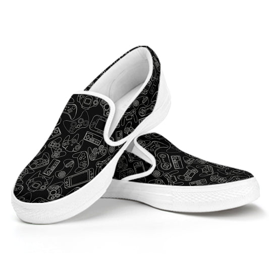 Black And White Video Game Pattern Print White Slip On Shoes