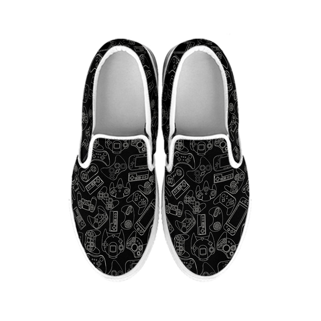 Black And White Video Game Pattern Print White Slip On Shoes