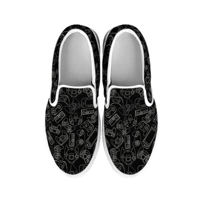 Black And White Video Game Pattern Print White Slip On Shoes