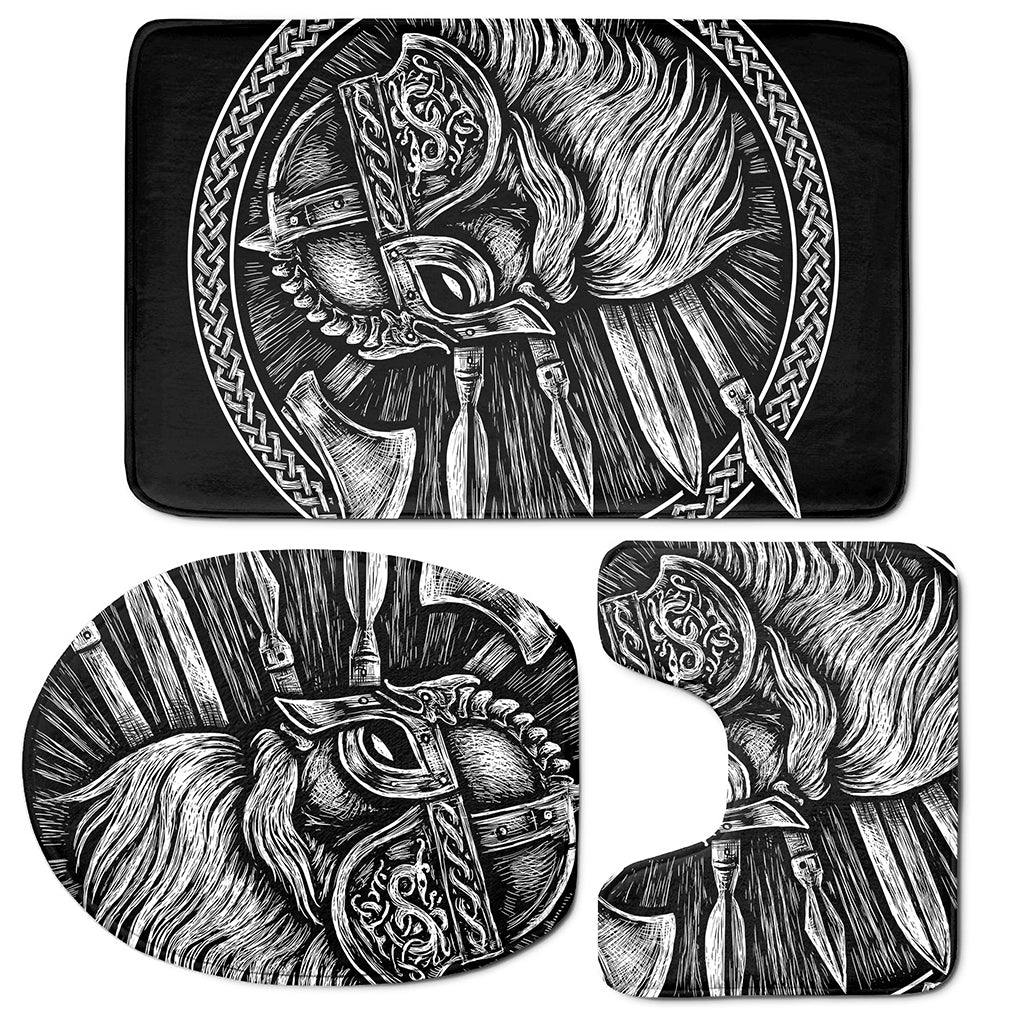 Black And White Viking God Odin Print 3 Piece Bath Mat Set