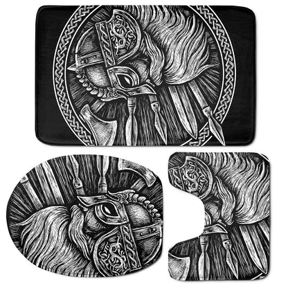 Black And White Viking God Odin Print 3 Piece Bath Mat Set