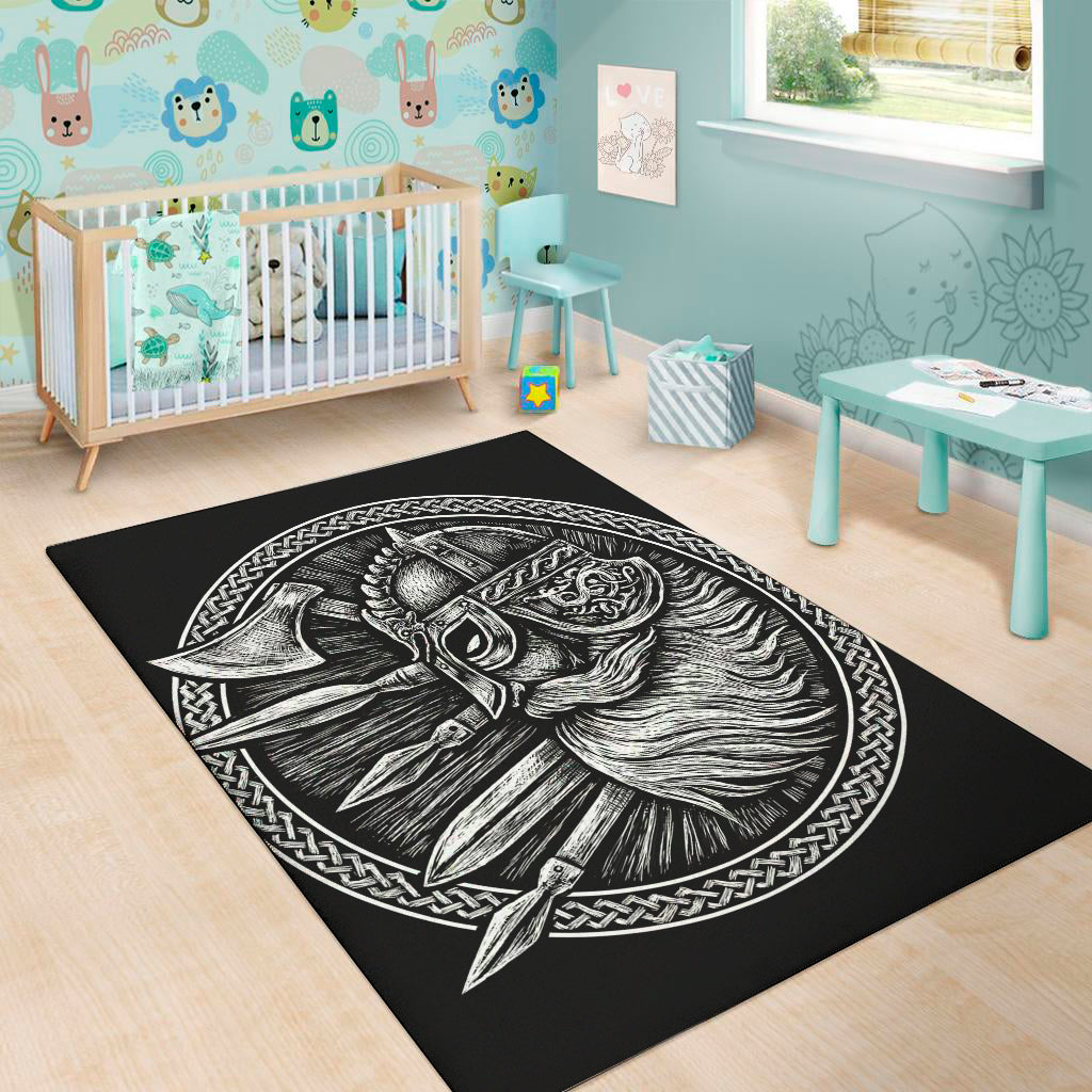 Black And White Viking God Odin Print Area Rug