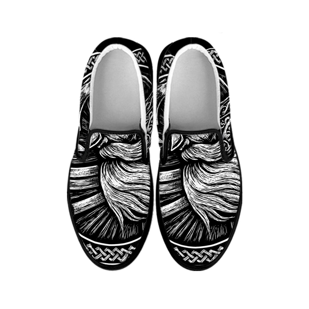 Black And White Viking God Odin Print Black Slip On Shoes
