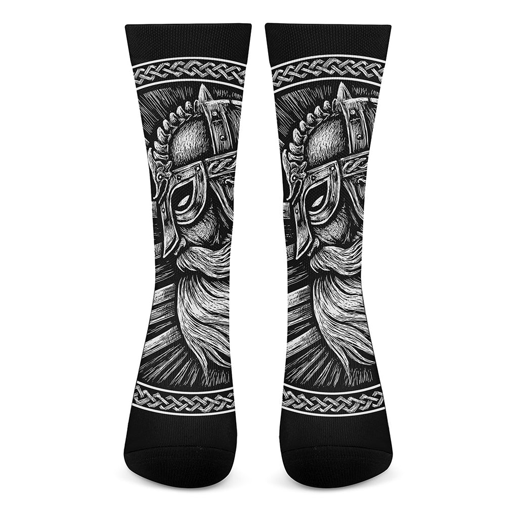 Black And White Viking God Odin Print Crew Socks