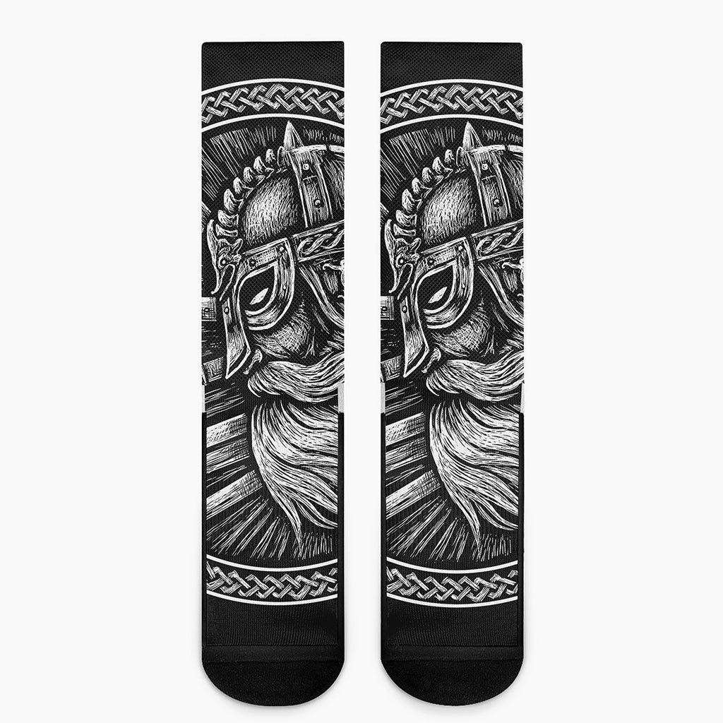 Black And White Viking God Odin Print Crew Socks