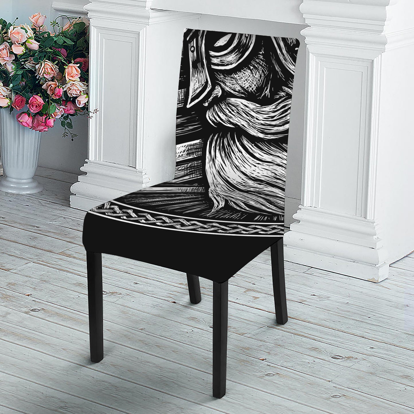 Black And White Viking God Odin Print Dining Chair Slipcover