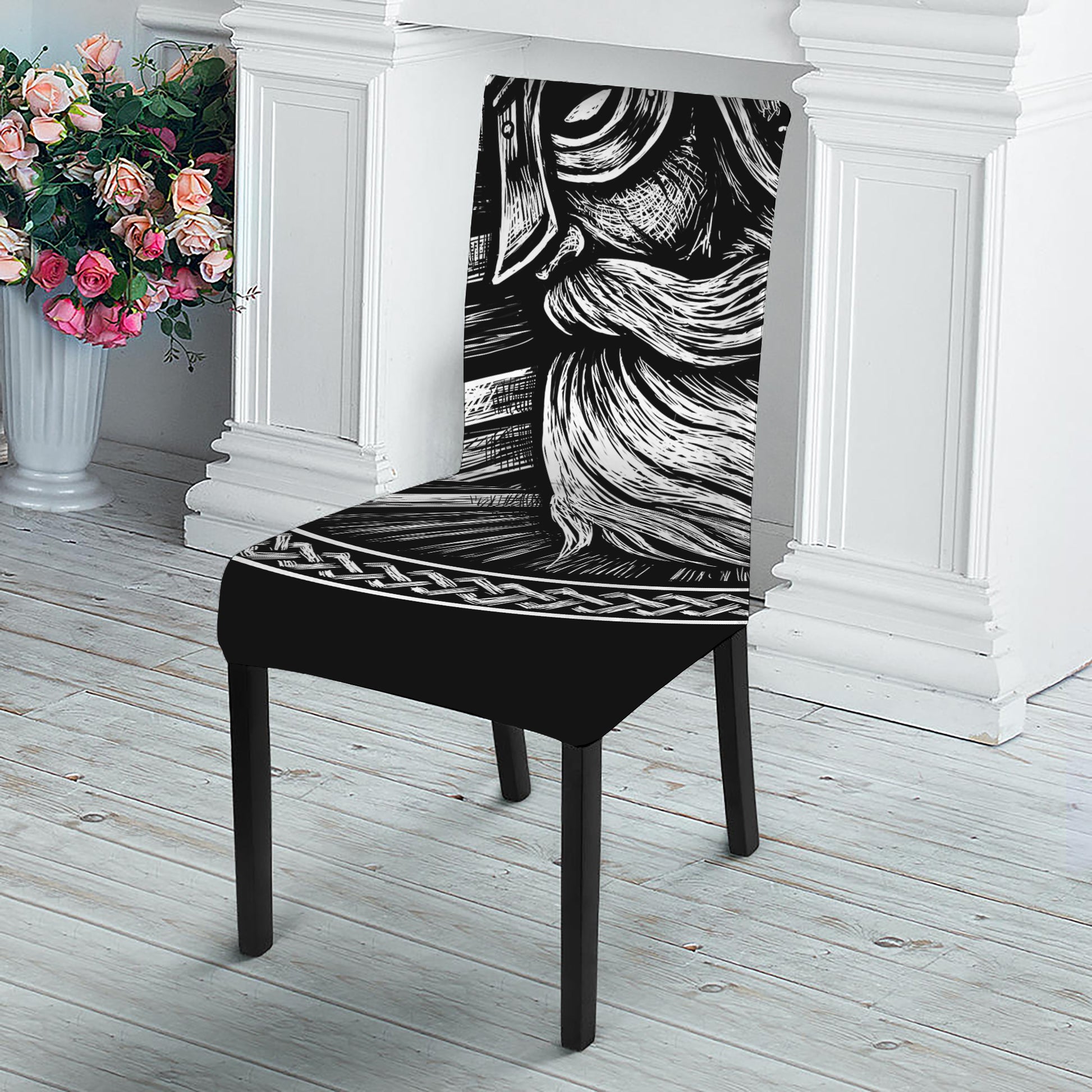 Black And White Viking God Odin Print Dining Chair Slipcover