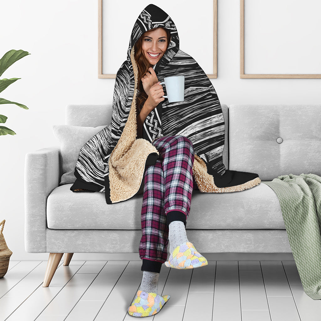 Black And White Viking God Odin Print Hooded Blanket