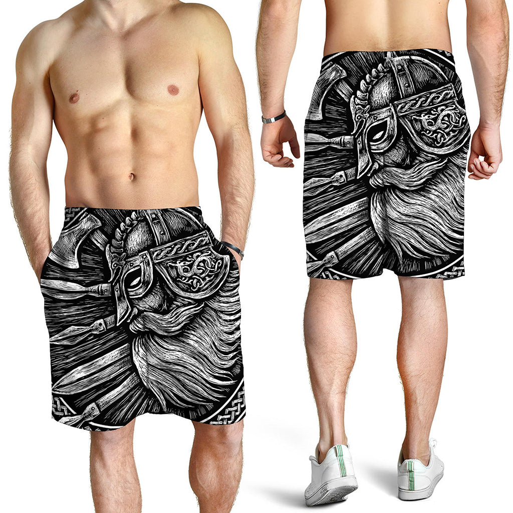 Black And White Viking God Odin Print Men's Shorts