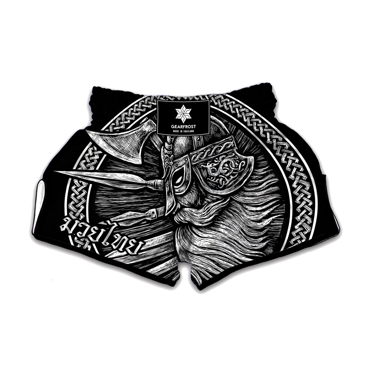 Black And White Viking God Odin Print Muay Thai Boxing Shorts