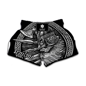 Black And White Viking God Odin Print Muay Thai Boxing Shorts