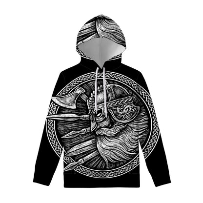 Black And White Viking God Odin Print Pullover Hoodie