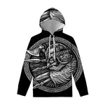 Black And White Viking God Odin Print Pullover Hoodie