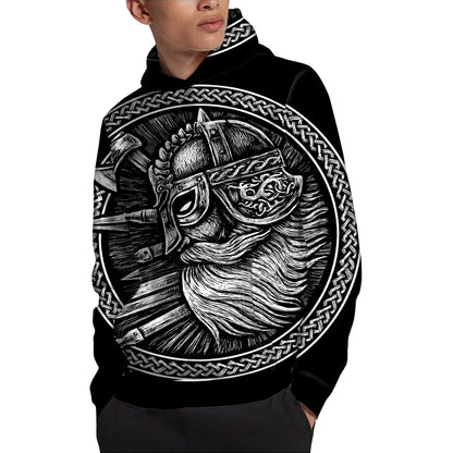 Black And White Viking God Odin Print Pullover Hoodie