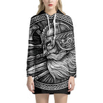 Black And White Viking God Odin Print Pullover Hoodie Dress