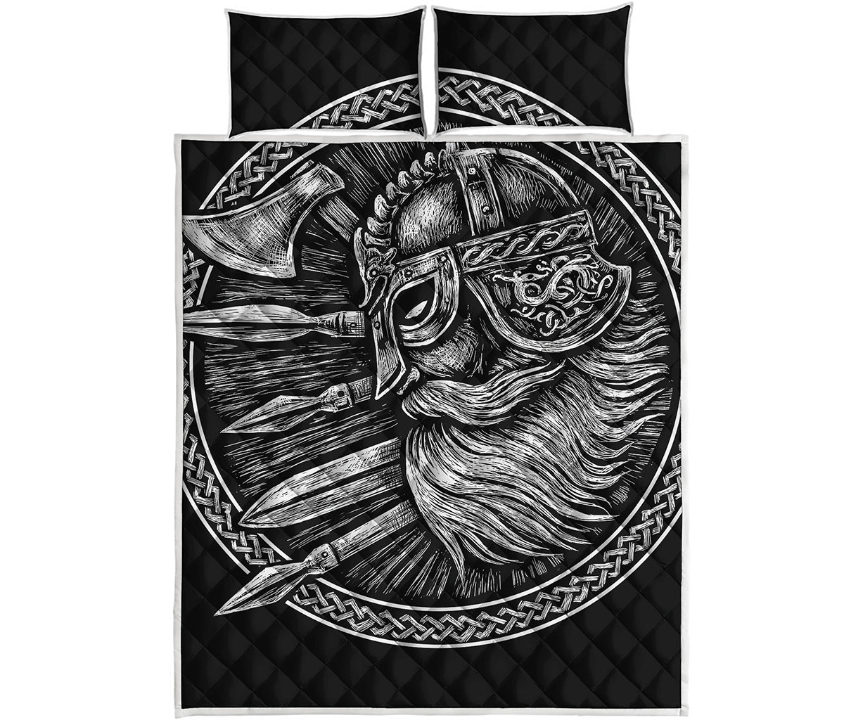 Black And White Viking God Odin Print Quilt Bed Set