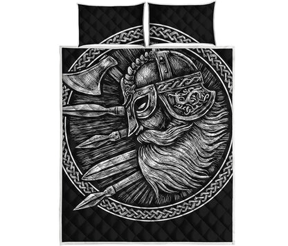 Black And White Viking God Odin Print Quilt Bed Set