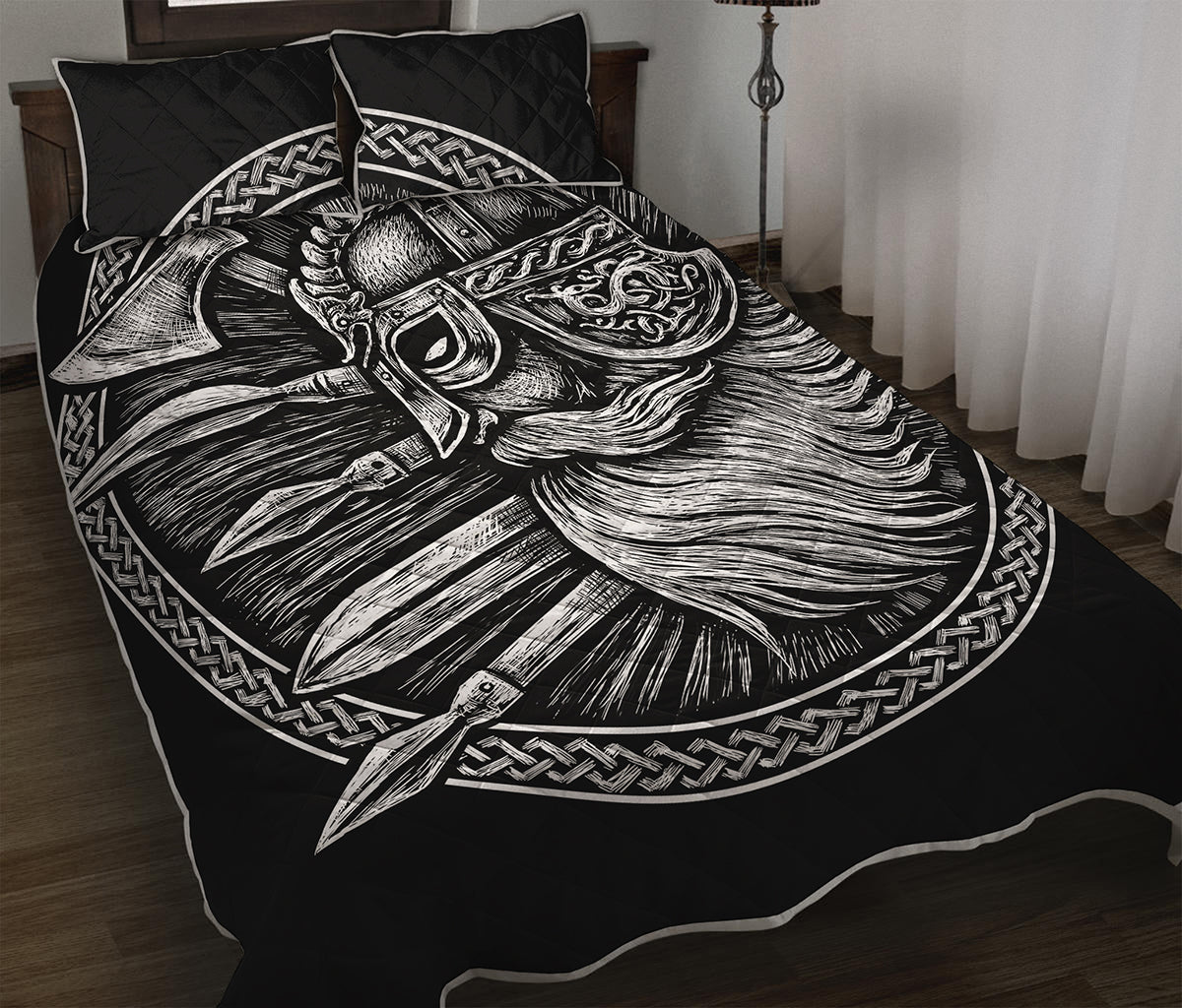 Black And White Viking God Odin Print Quilt Bed Set