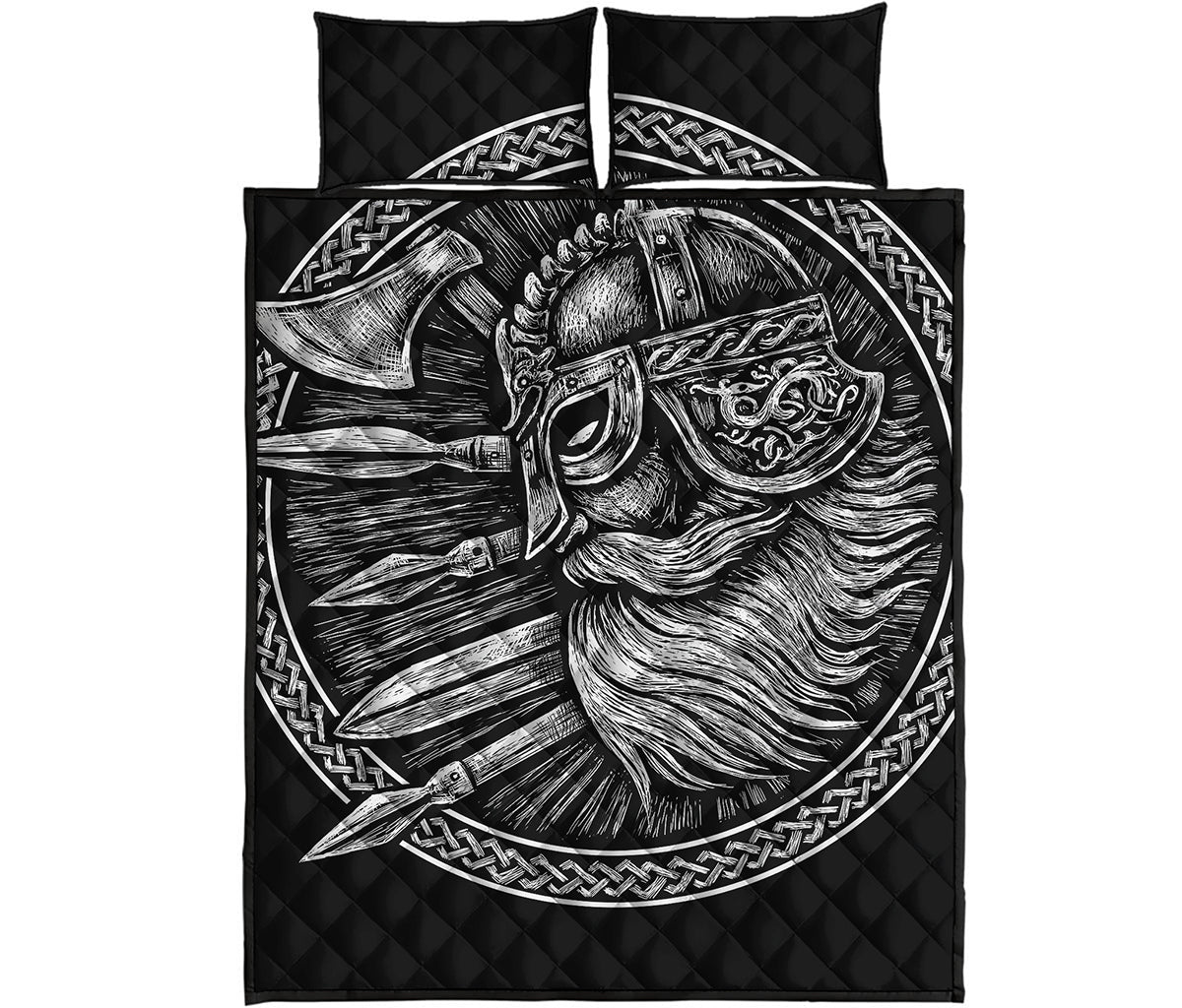 Black And White Viking God Odin Print Quilt Bed Set