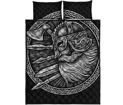 Black And White Viking God Odin Print Quilt Bed Set