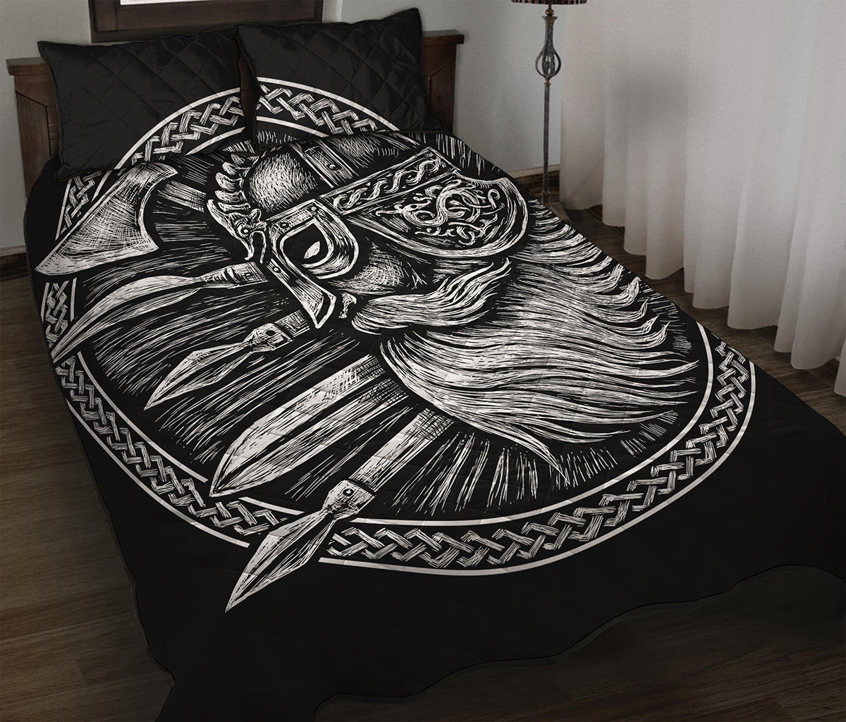Black And White Viking God Odin Print Quilt Bed Set