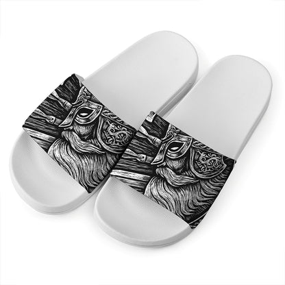Black And White Viking God Odin Print White Slide Sandals